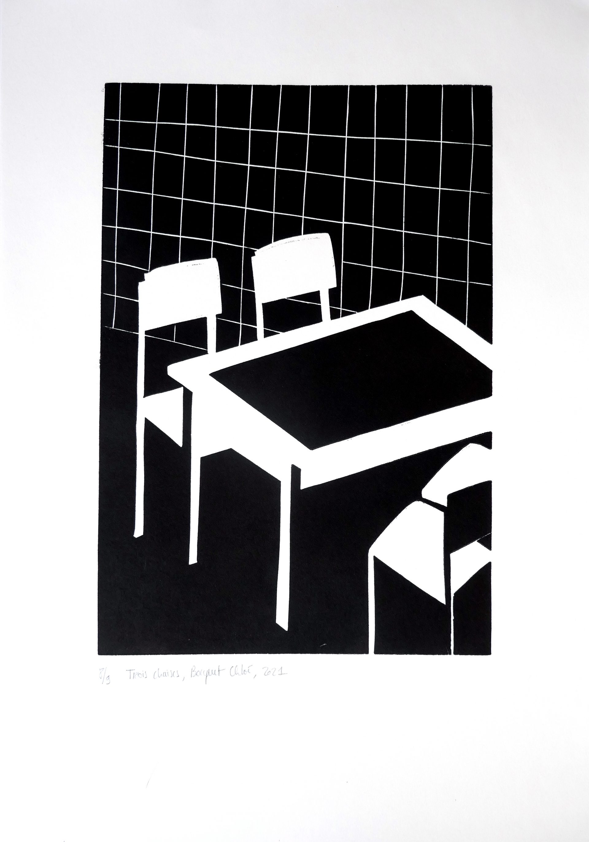 3 chaises, 2020, linocut, image size 43x21 cm, paper size 45,5x32 cm, edition of 9