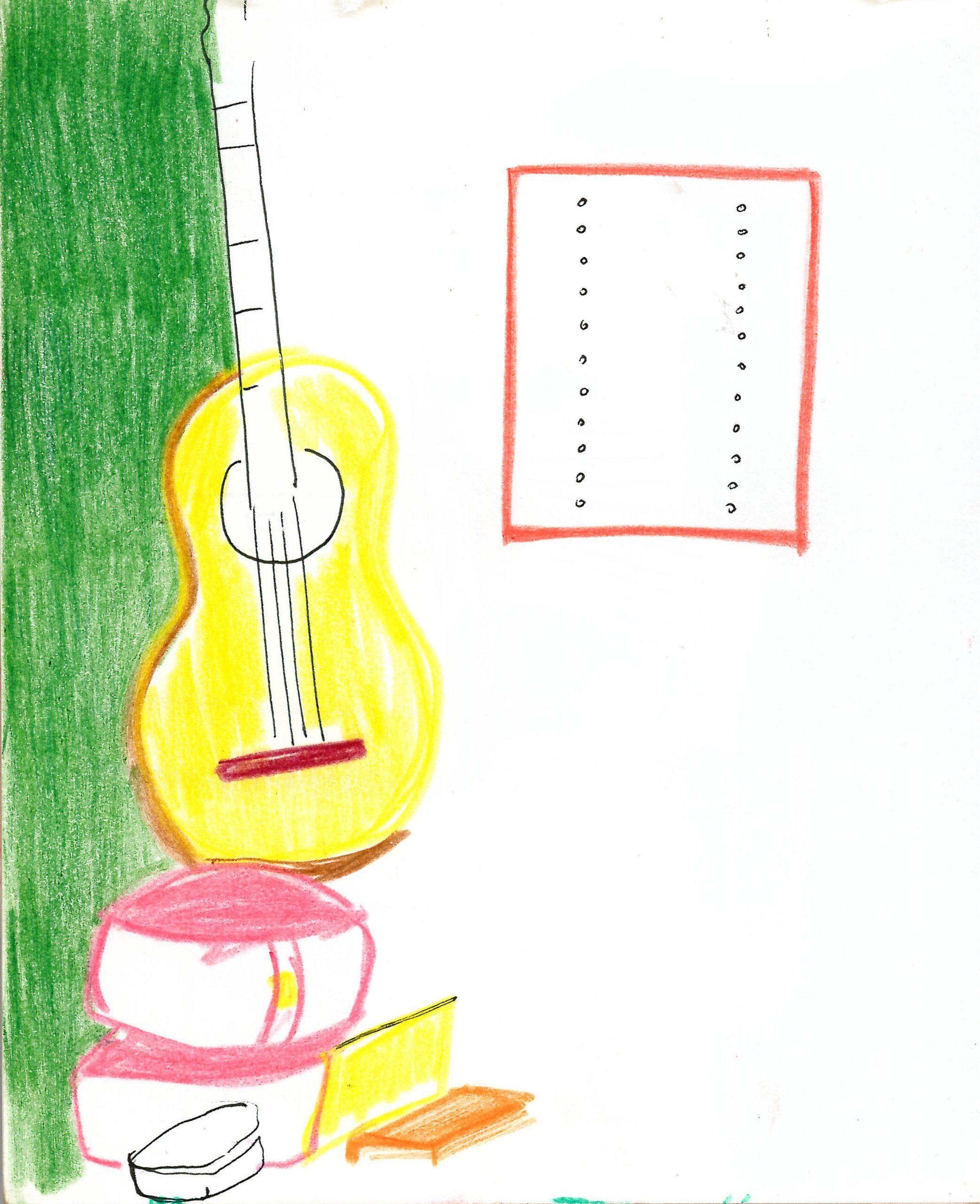Guitare à la chambre, 2016, color pencil and ink on paper, 14,5x12 cm