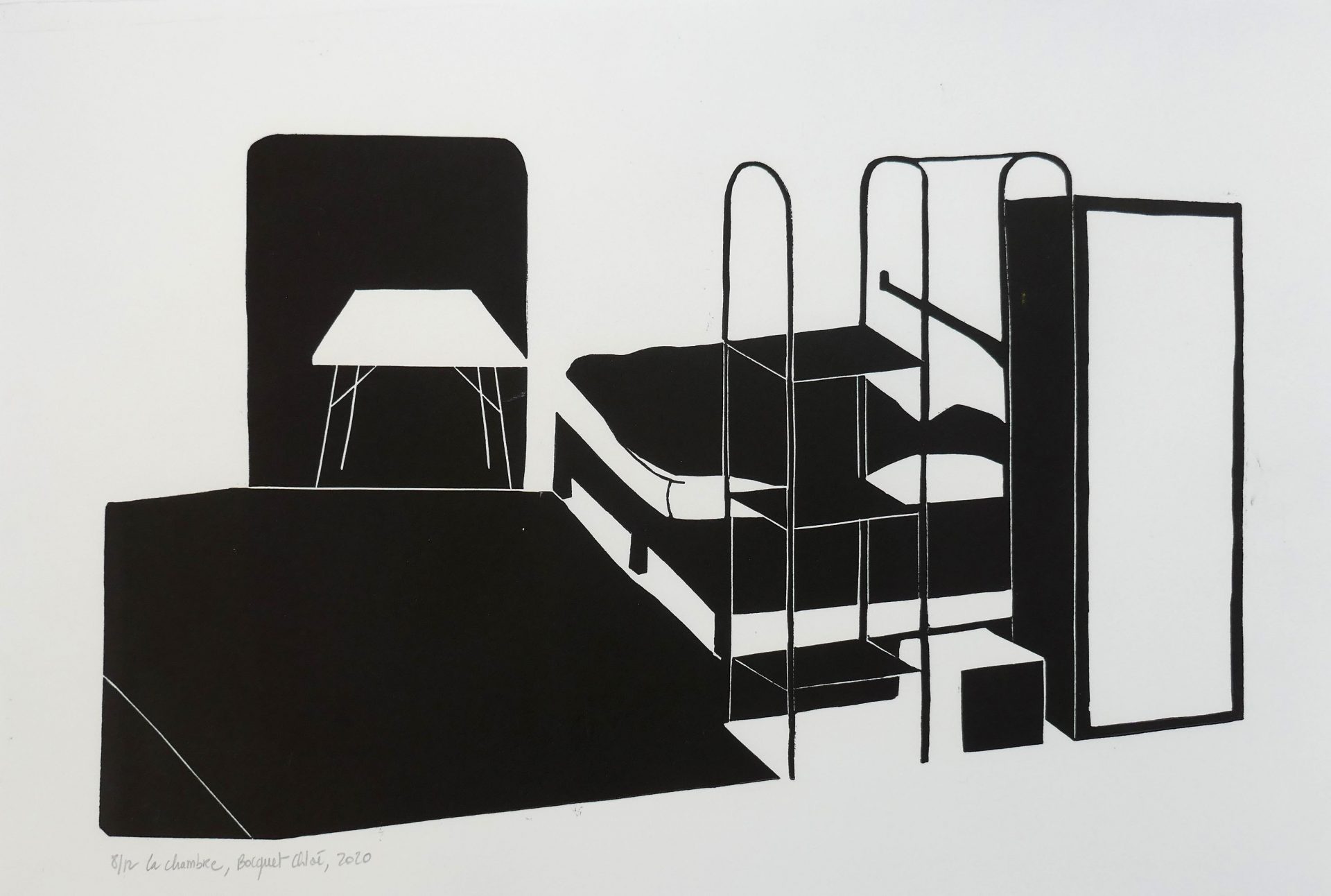 La chambre, 2020, linocut, image and paper size 34x51 cm, edition of 12